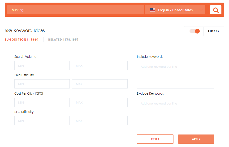 Ubersuggest filter keywords