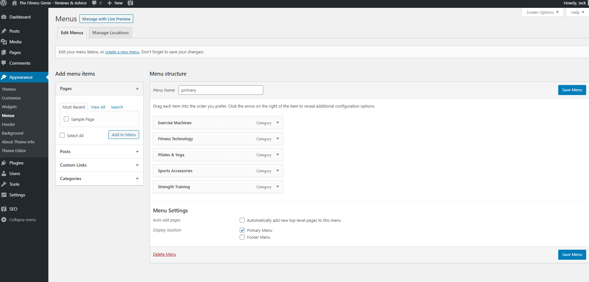 wordpress menu setup